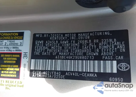 2009 Toyota Camry Le из США, поврежденный, VIN 4T1BE46K29U880713